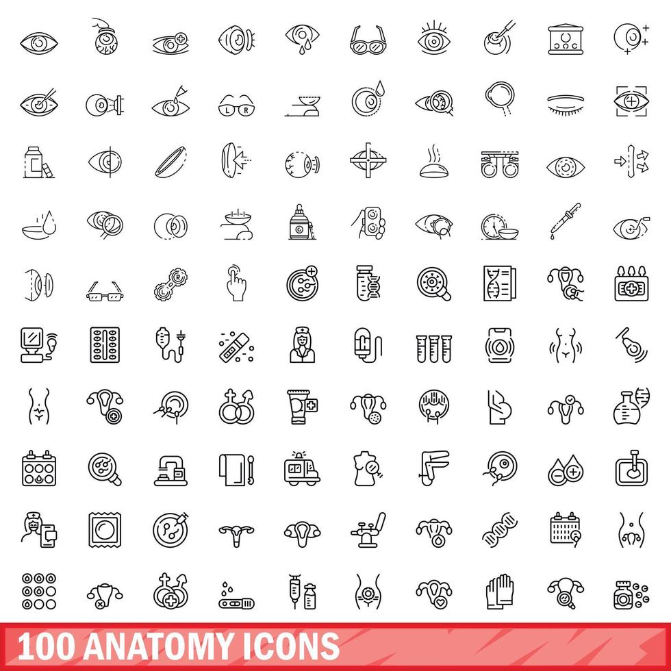 100 anatomy icons set, outline style vector