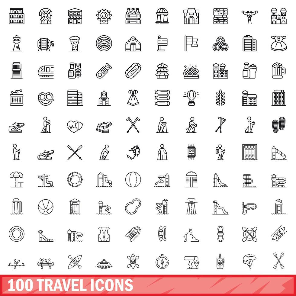 100 travel icons set, outline style vector