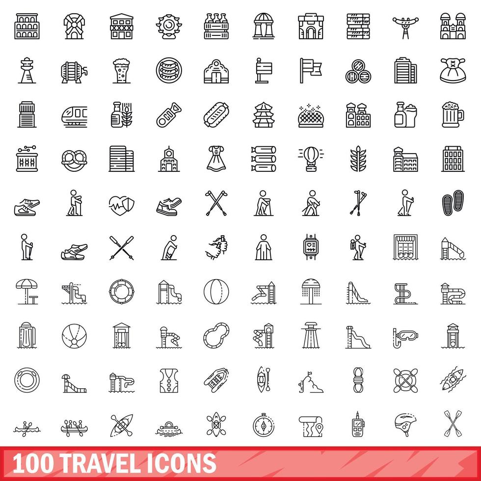 100 iconos de viaje, estilo de esquema vector