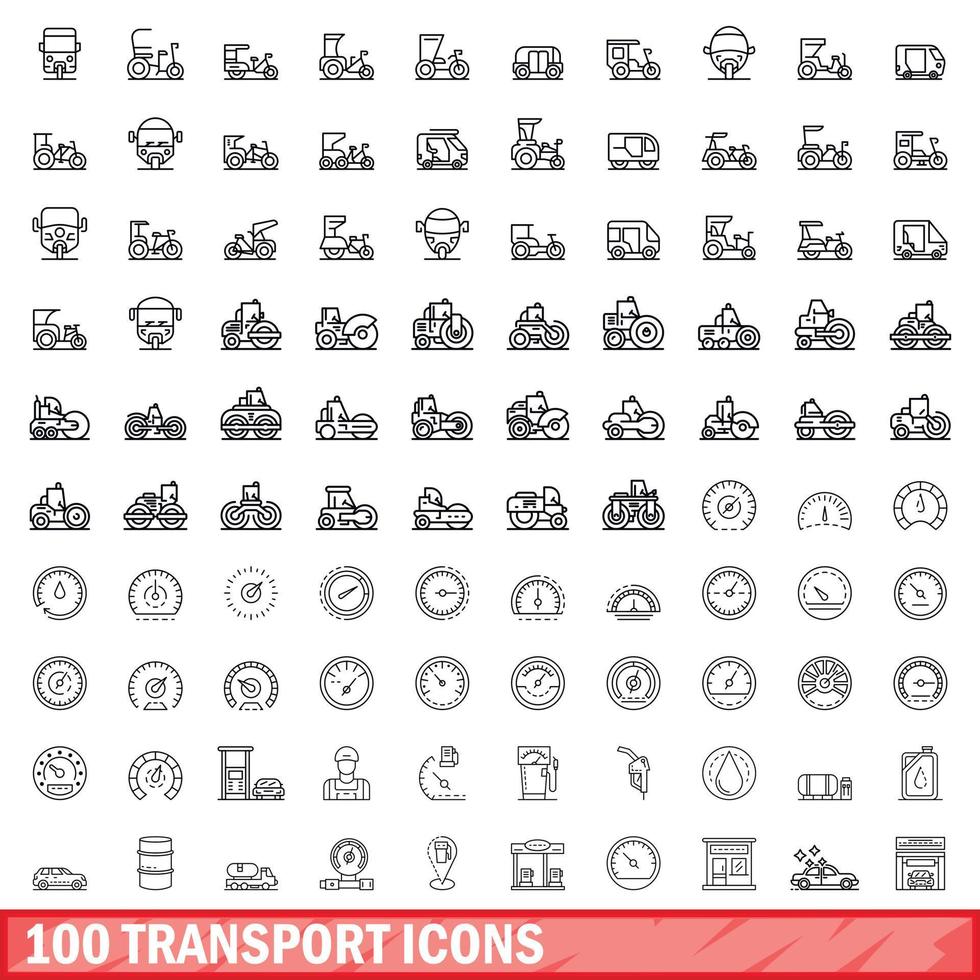 100 transport icons set, outline style vector