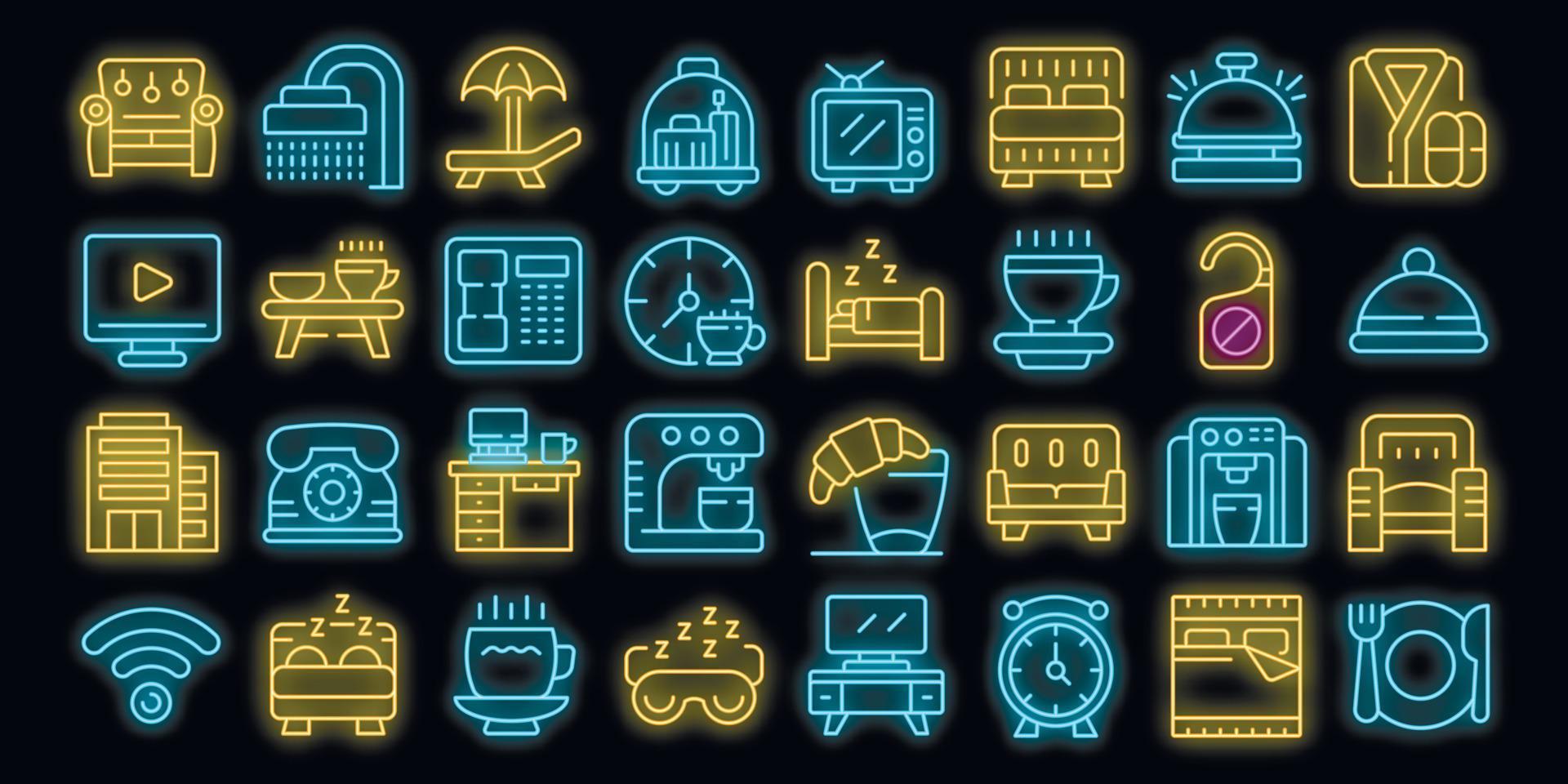 Coffee in bed icons set vector neon