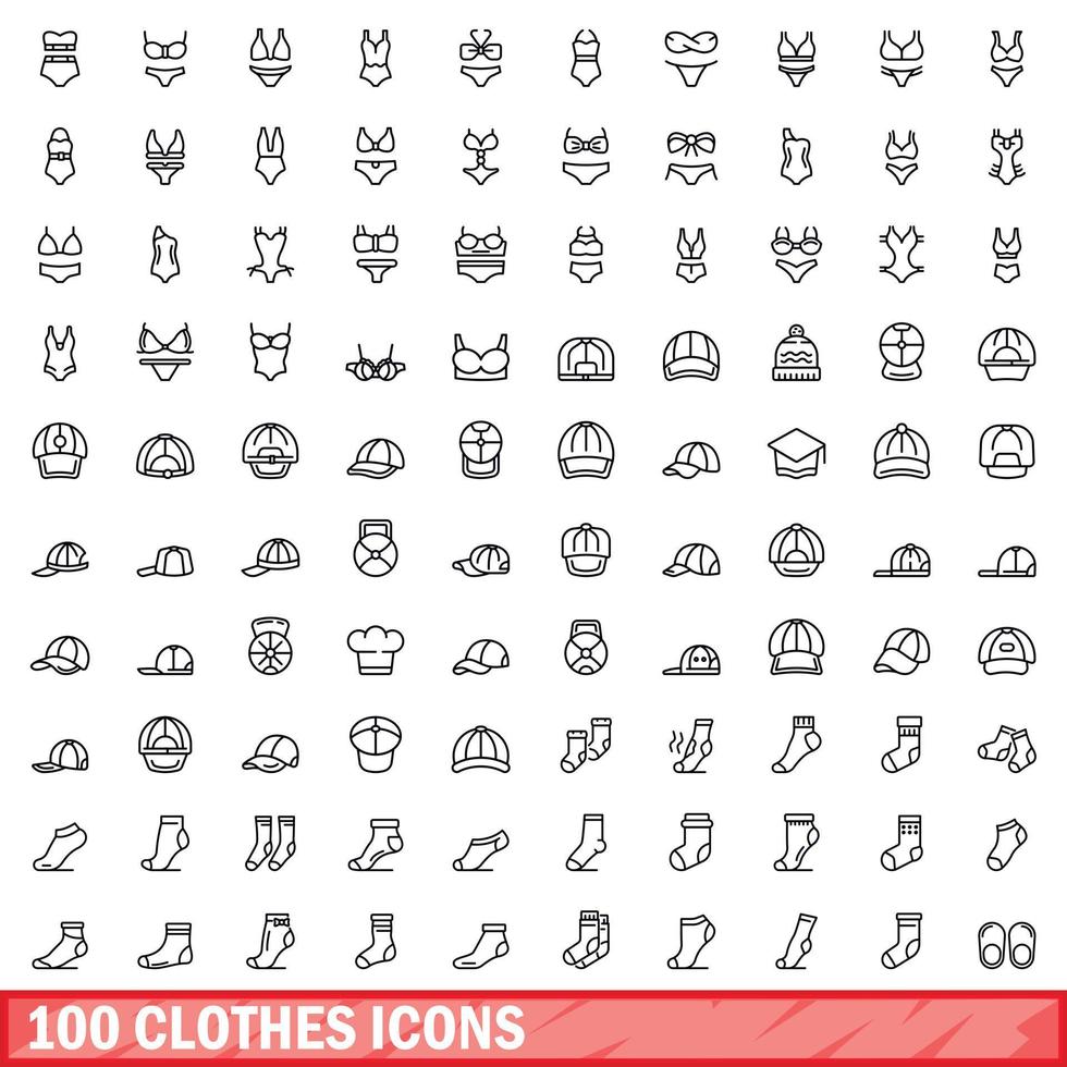 100 clothes icons set, outline style vector