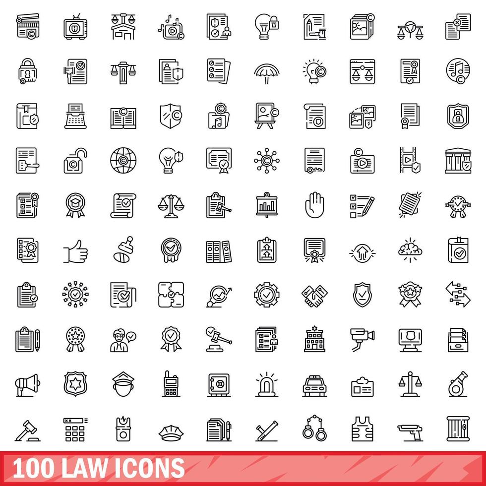 100 law icons set, outline style vector