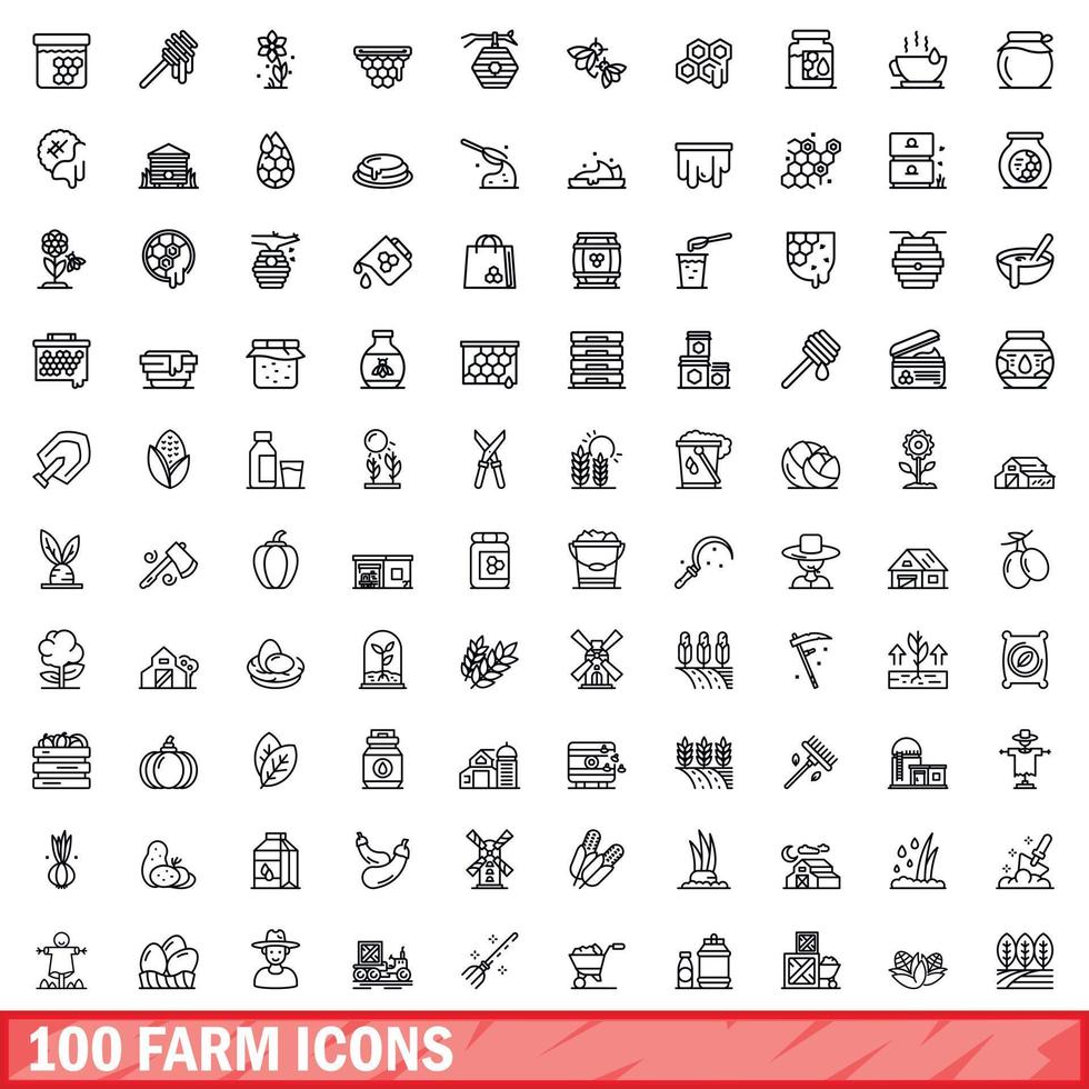 100 farm icons set, outline style vector