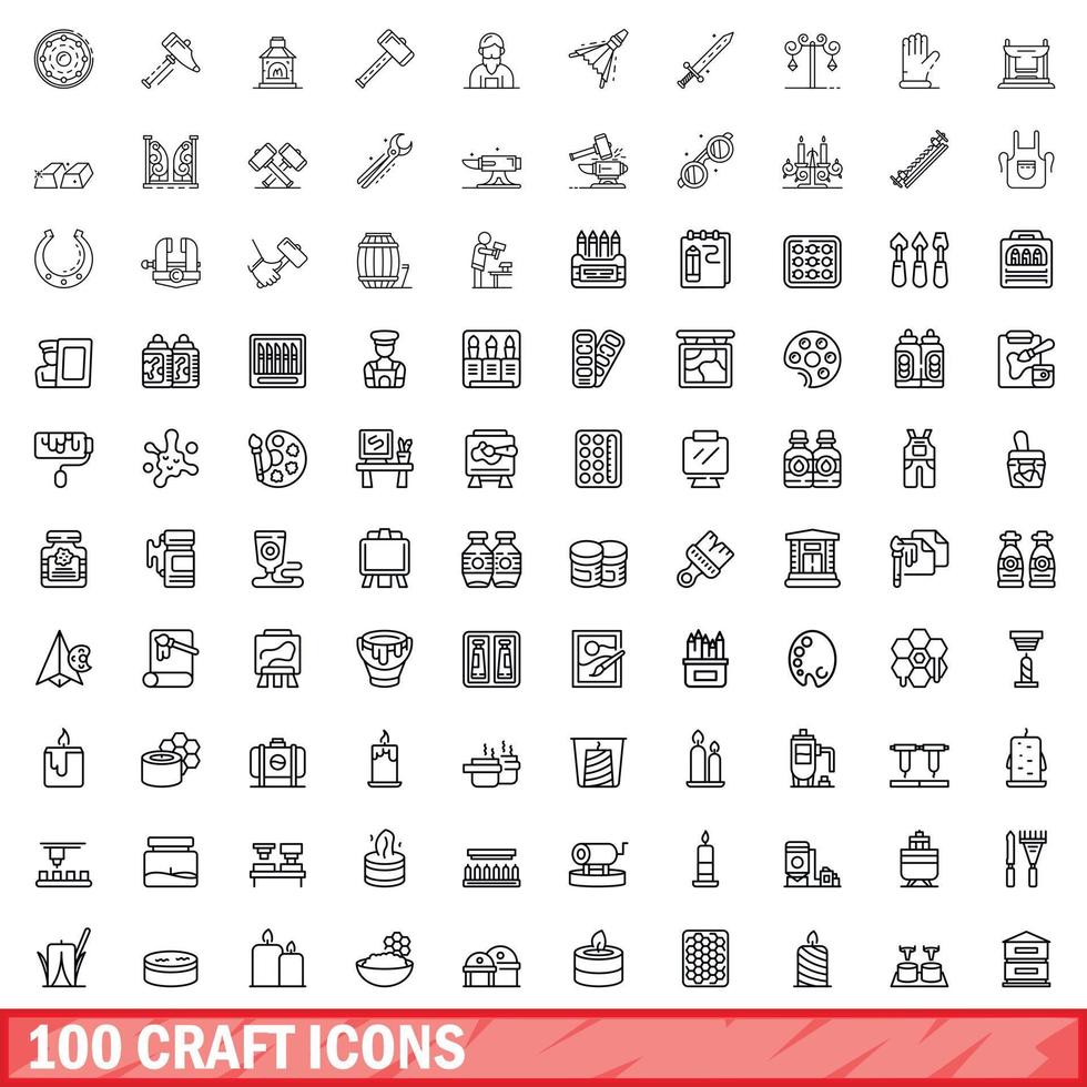 100 craft icons set, outline style vector