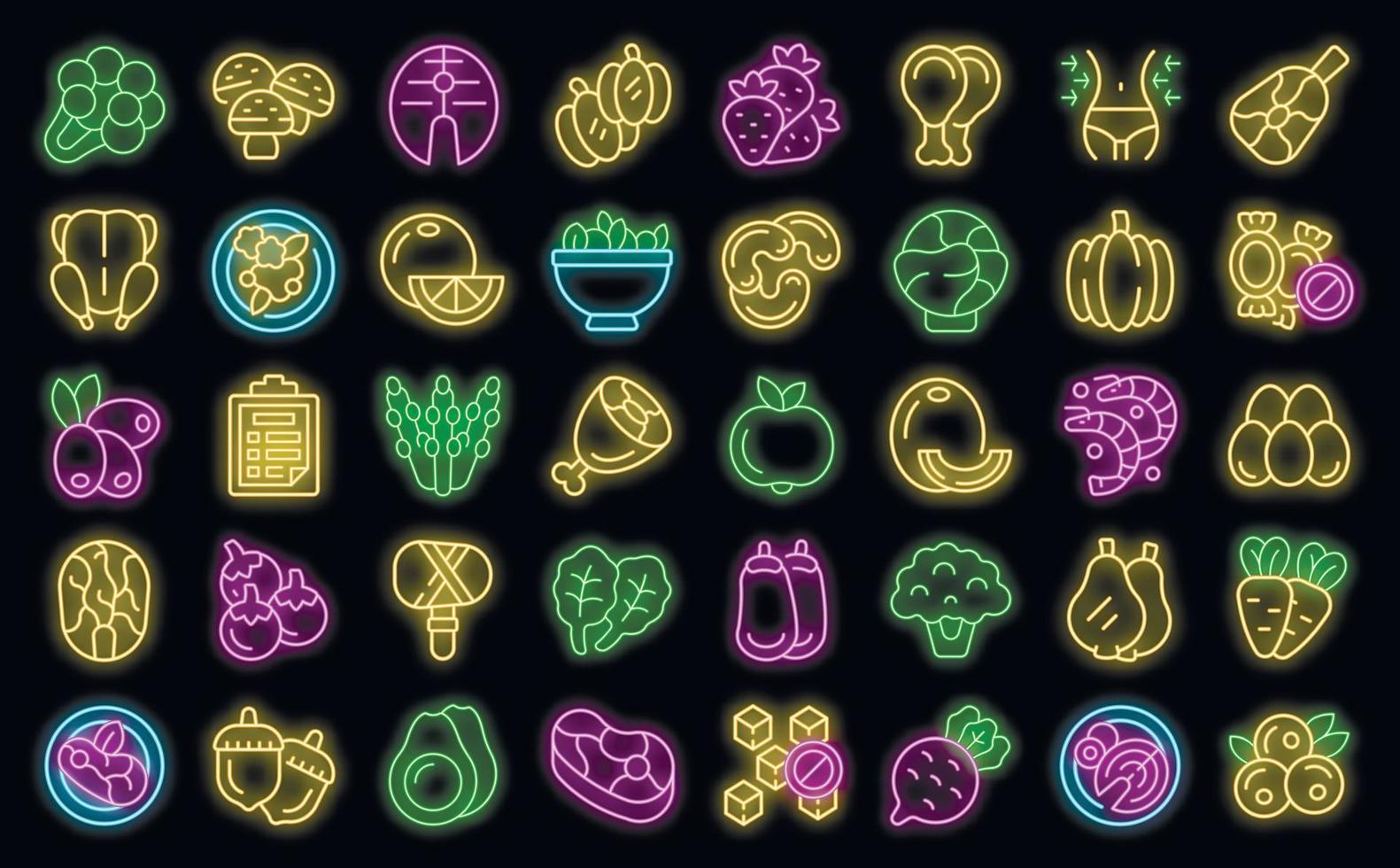 Paleo diet icons set vector neon