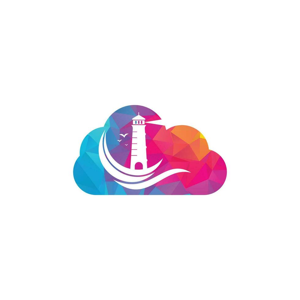 Lighthouse cloud shape concept vector logo design. Waves Lighthouse icon logo design vector template illustration.