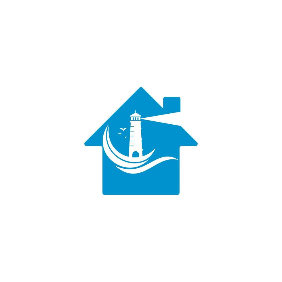 Lighthouse home shape concept vector logo design. Waves Lighthouse icon logo design vector template illustration.