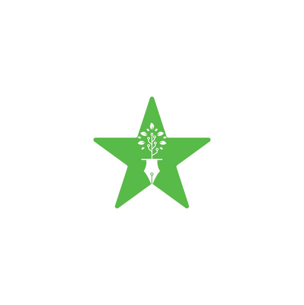 Diseño de logotipo de concepto de forma de estrella de bolígrafo tecnológico. bolígrafo tecnológico con plantilla de diseño de logotipo de árbol tecnológico. vector