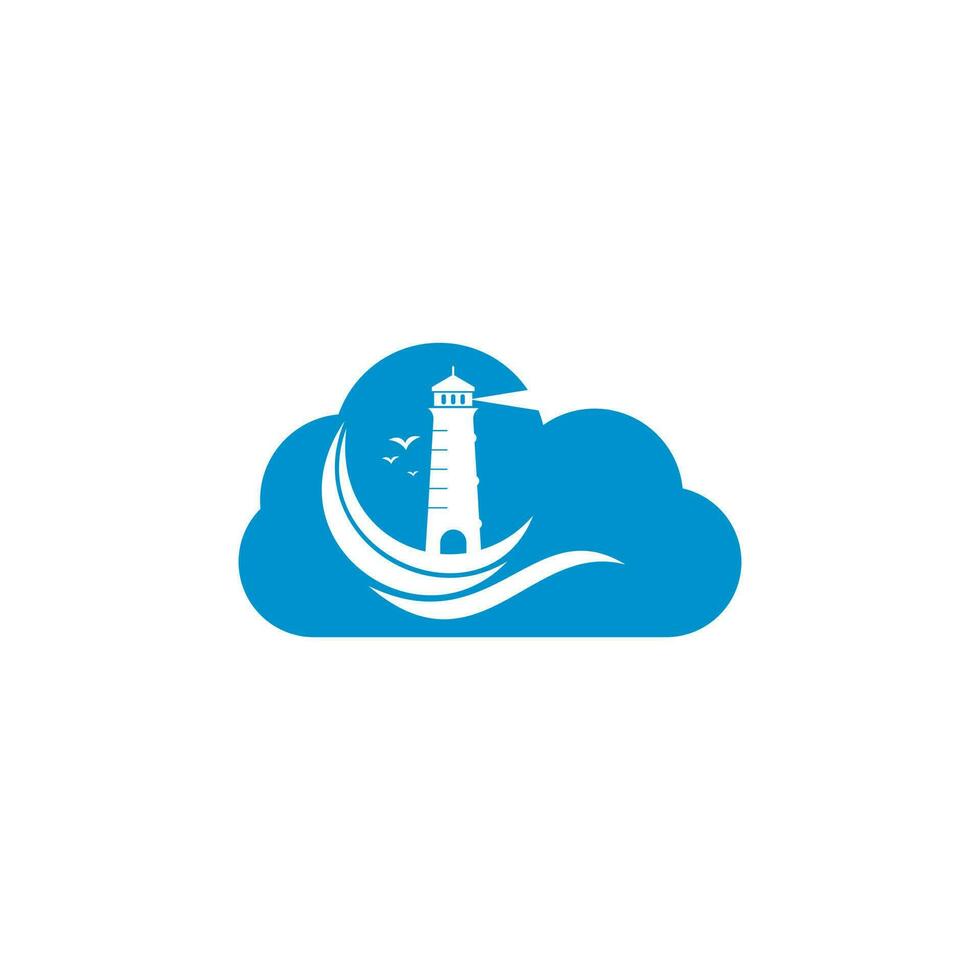 Lighthouse cloud shape concept vector logo design. Waves Lighthouse icon logo design vector template illustration.