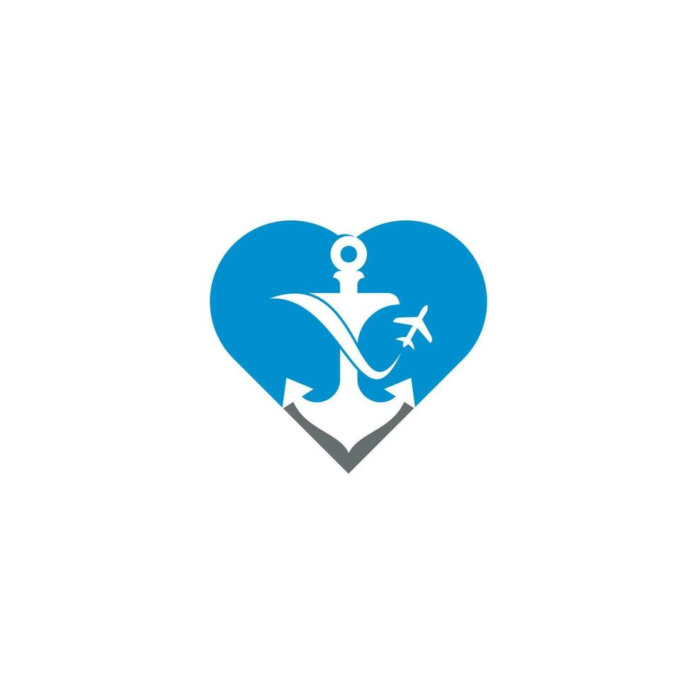 Anchor and airplane heart shape concept logo design template. Anchor and airplane symbol or icon. Unique travel and flight logotype design template. vector