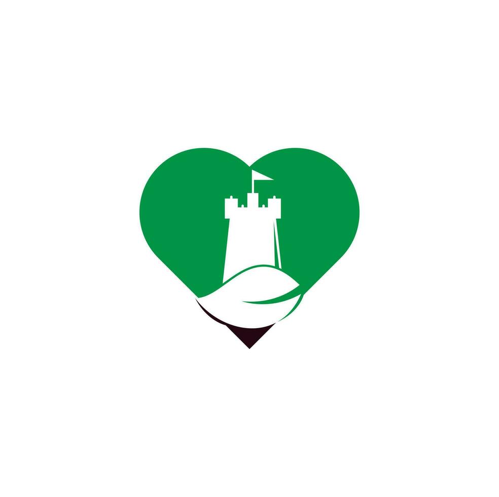 diseño de logotipo de concepto de forma de corazón de castillo y hoja. torre y eco símbolo o icono. vector de concepto de diseños de logotipo de castillo de naturaleza