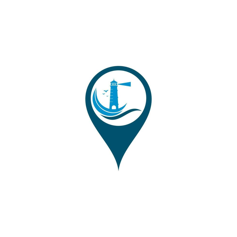 Lighthouse map pin shape concept vector logo design. Waves Lighthouse icon logo design vector template illustration.