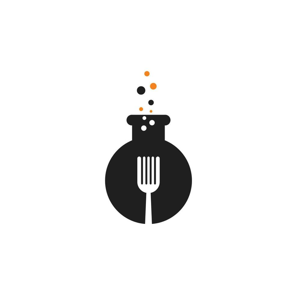 diseño de logotipo de vector de laboratorio de alimentos. tubo de ensayo de laboratorio con tenedor y cuchara.