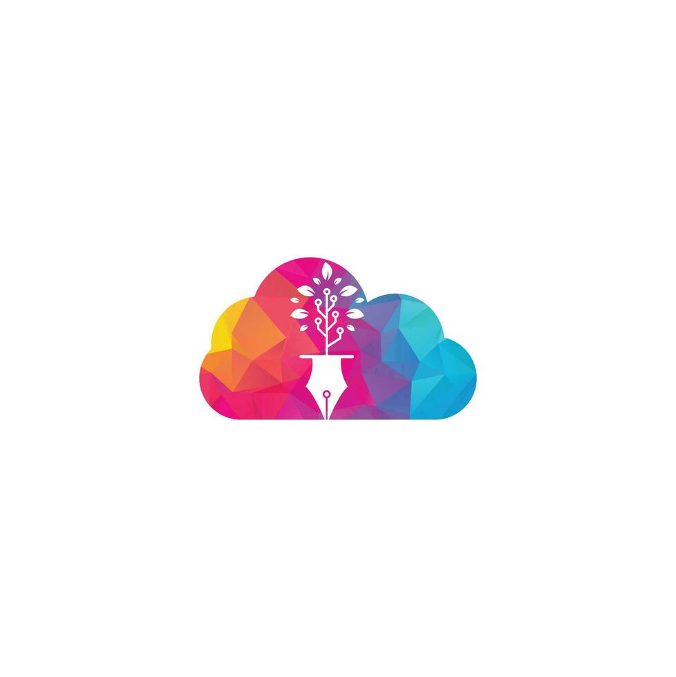 Tech Pen cloud shape concept Logo design. Tech pen with tech tree logo design template. vector