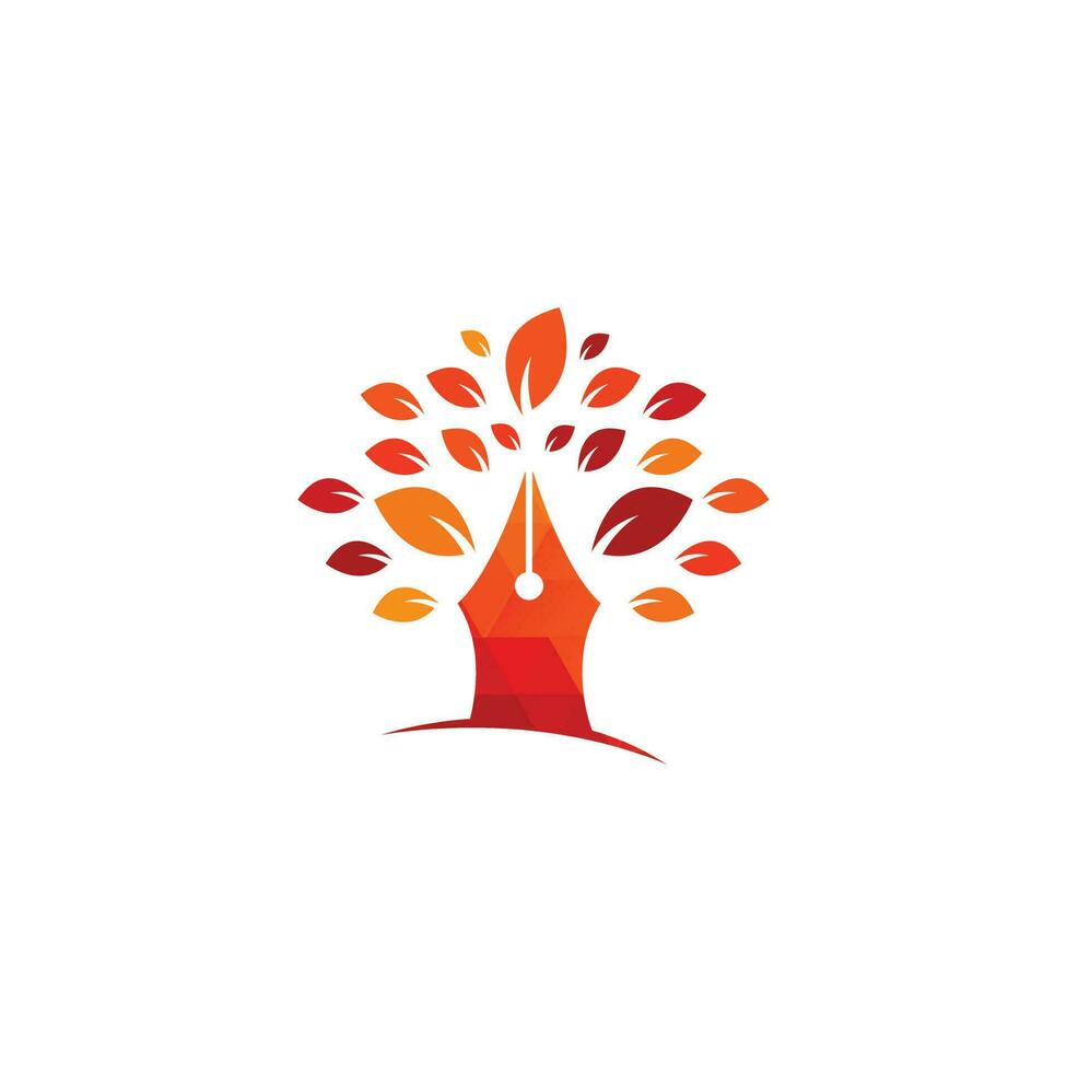 plantilla de diseño de logotipo de árbol de pluma. logotipo de la comunidad educativa y de escritores. diseño de logotipo de empresa creativa de hoja de árbol de pluma vector