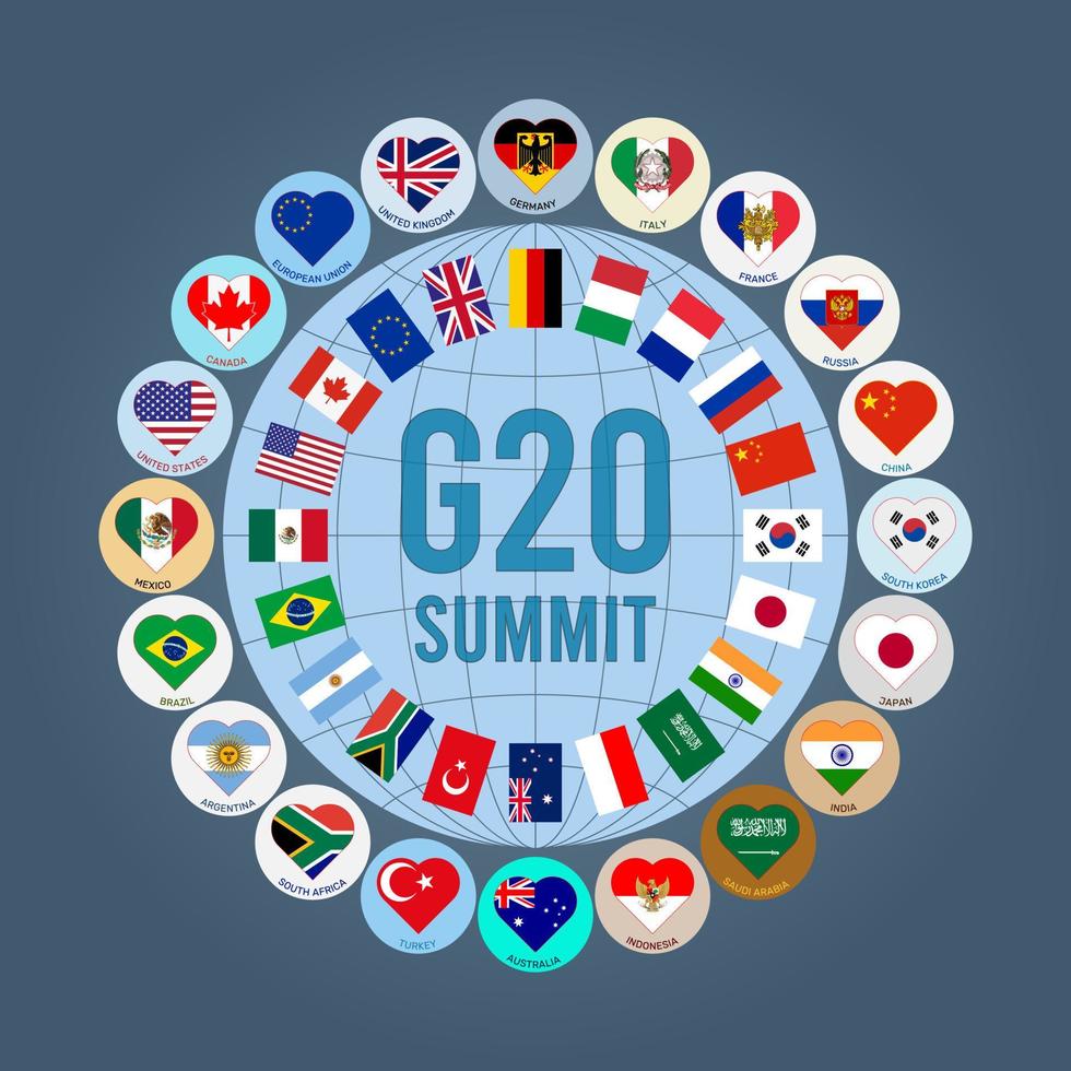 ilustración vectorial de las banderas de los países del g-20 en forma de logo con corazones. g20, las veinte principales economías del mundo. foro internacional económico y financiero. vector