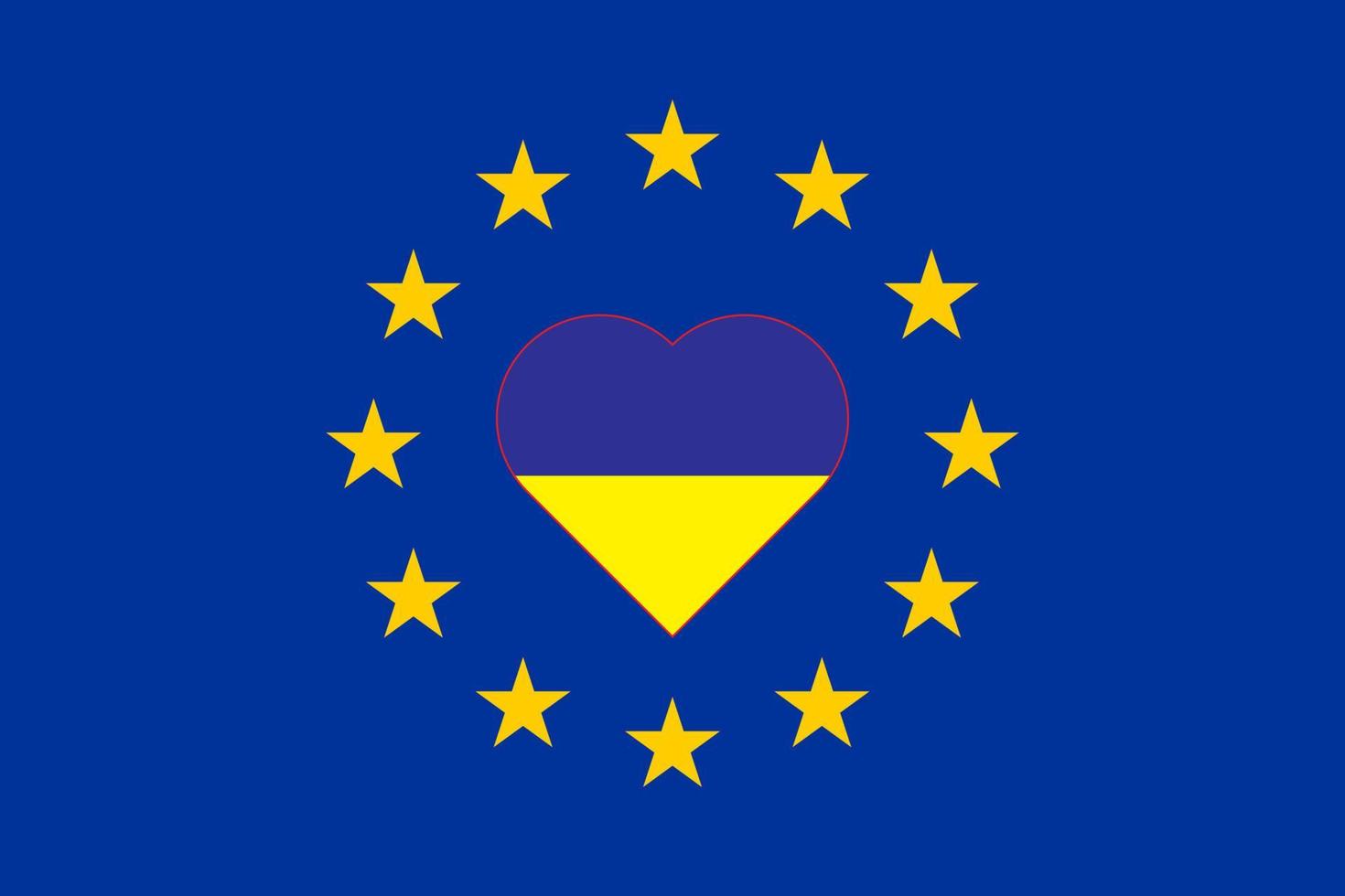 Flag of Ukraine in the shape of a heart on the background of the European Union flag.Ukraine and EU concept. Vector  illustration.