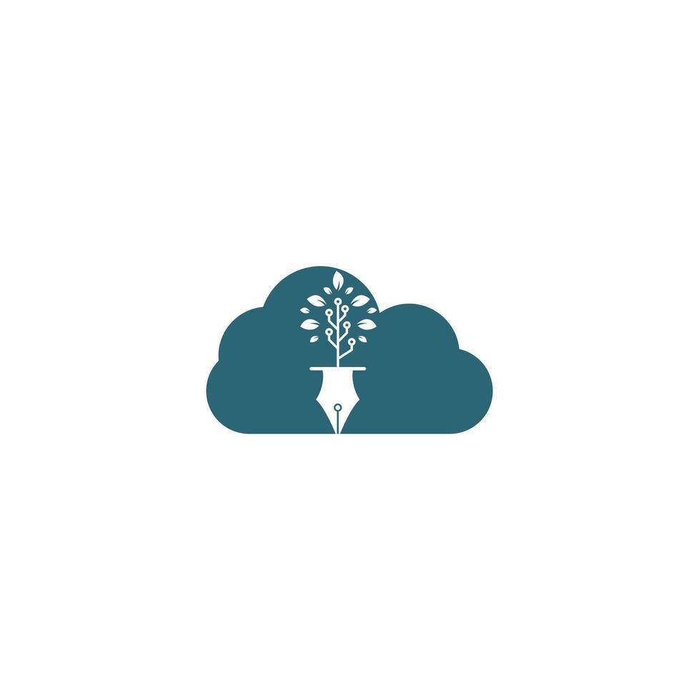 Tech Pen cloud shape concept Logo design. Tech pen with tech tree logo design template. vector