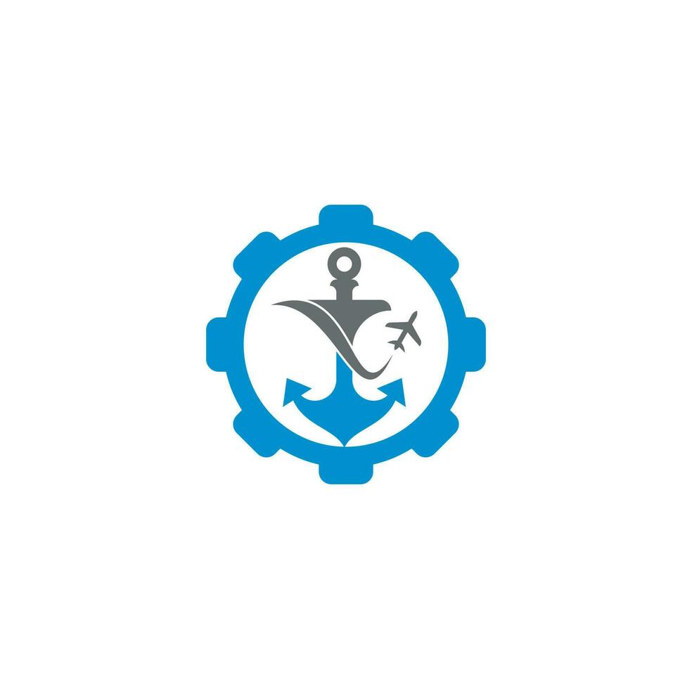 Anchor and airplane gear shape concept logo design template. Anchor and airplane symbol or icon. Unique travel and flight logotype design template. vector