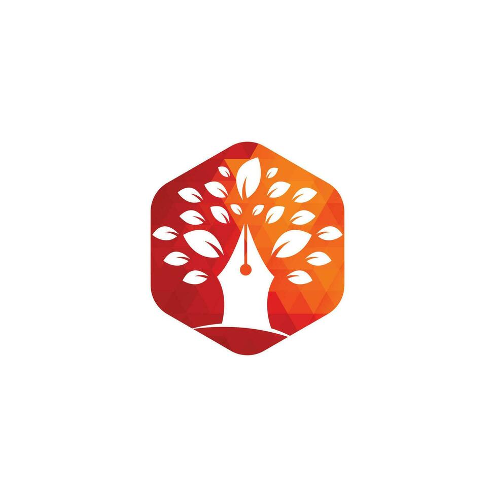 plantilla de diseño de logotipo de árbol de pluma. logotipo de la comunidad educativa y de escritores. diseño de logotipo de empresa creativa de hoja de árbol de pluma vector