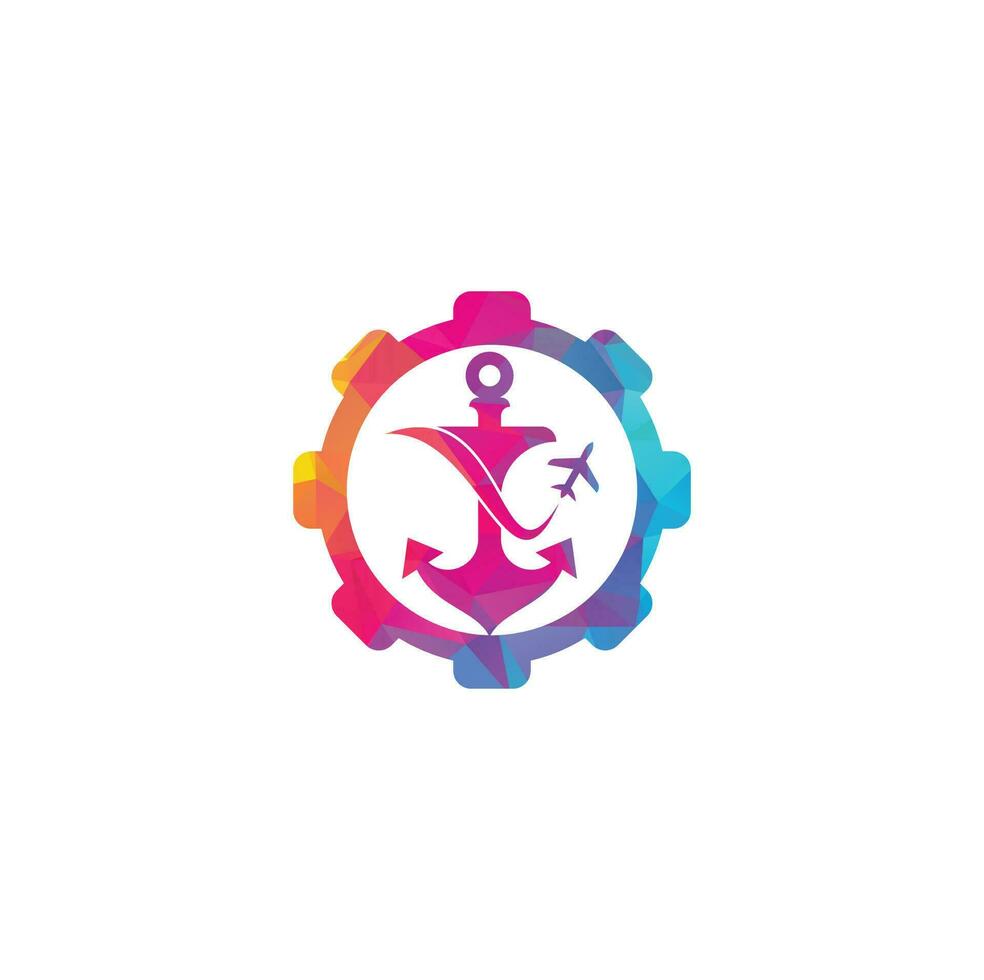 Anchor and airplane gear shape concept logo design template. Anchor and airplane symbol or icon. Unique travel and flight logotype design template. vector