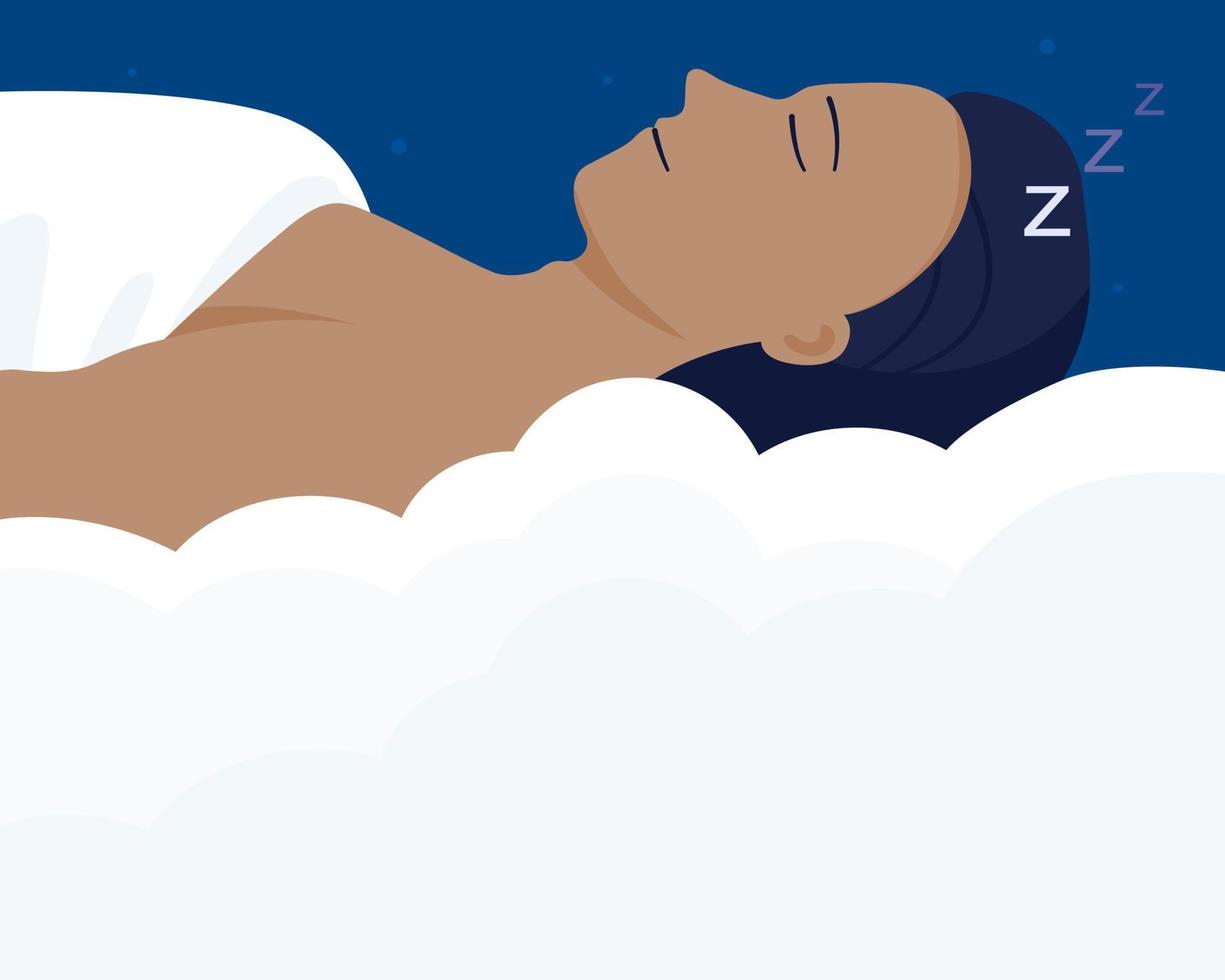 A man sleeping on comfortable bed, healthy sleep concept. flat vector illustration.