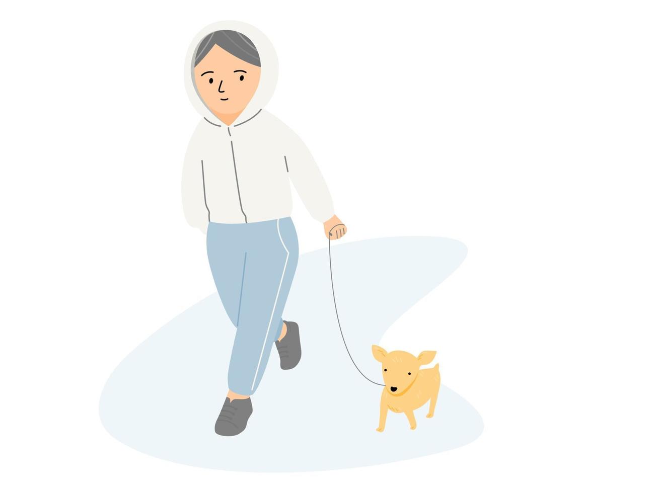 A girl take a walk with her puppy in flat vector illustration.