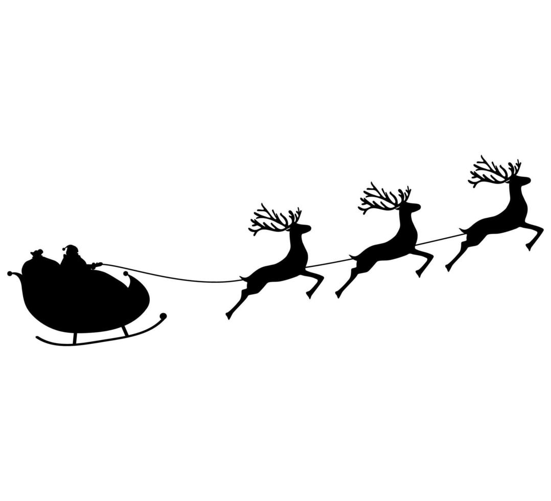 Christmas reindeers are carrying Santa Claus in a sleigh with gifts. silhouette on a white vector