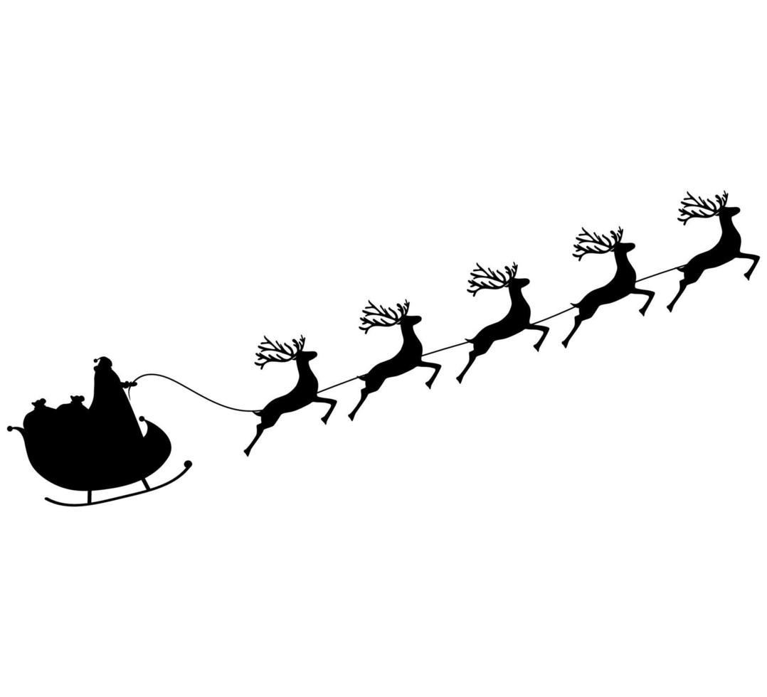 Christmas reindeers are carrying Santa Claus in a sleigh with gifts. silhouette on a white vector