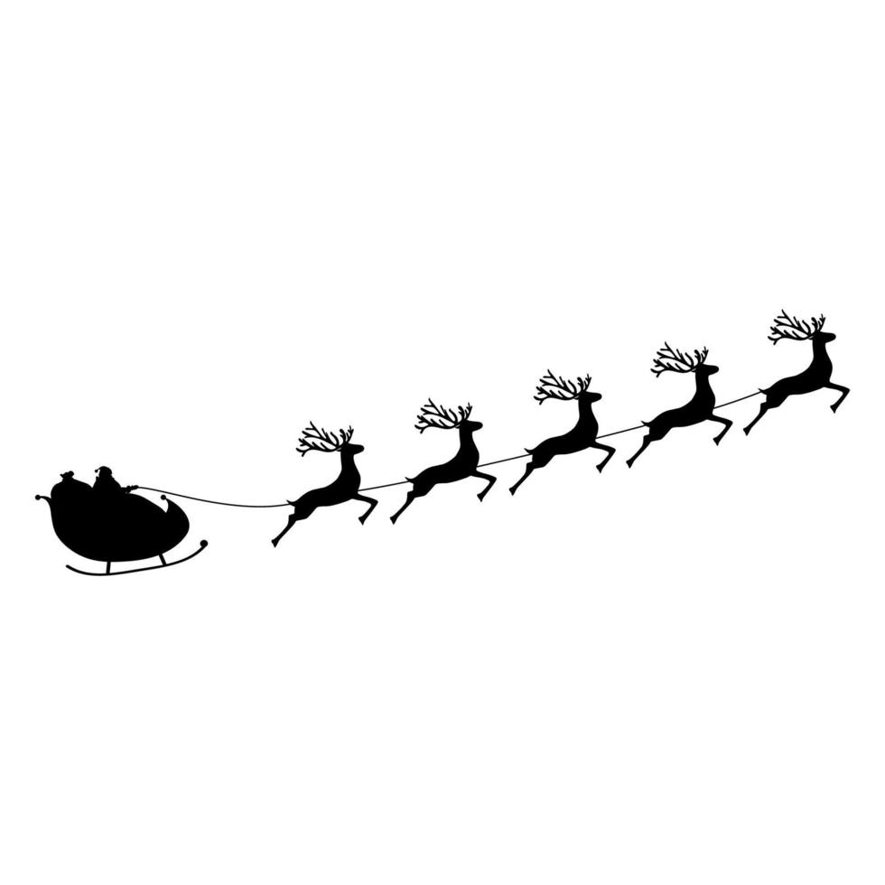 Christmas reindeers are carrying Santa Claus in a sleigh with gifts. silhouette on a white vector
