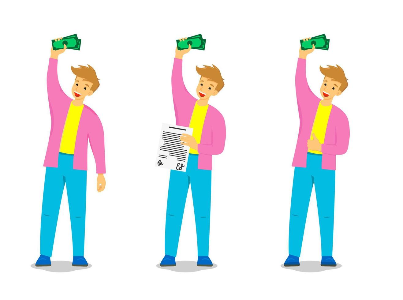 Happy Young man holding money and contract, concept for banner, poster, website, etc. vector