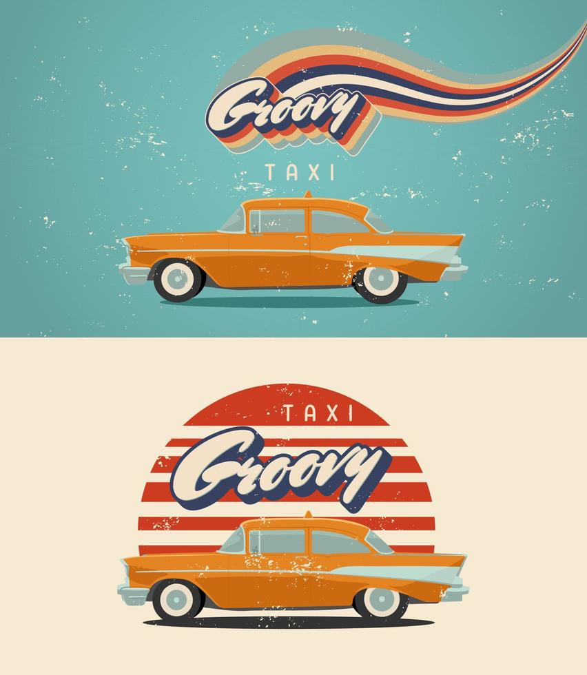 Classic yellow taxi in vintage style. Retro car with texture vector