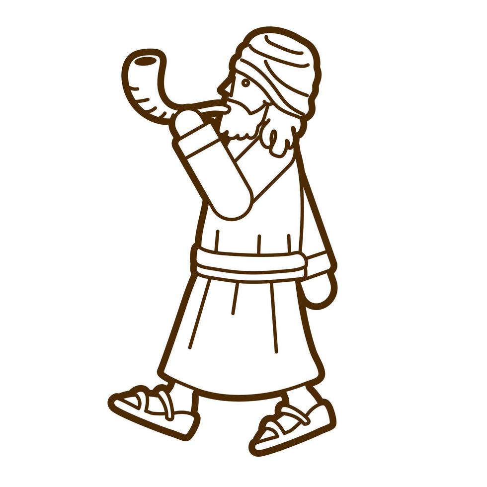 Outline Jewish Blowing the Shofar Sheep Horn Cartoon Graphic Vector