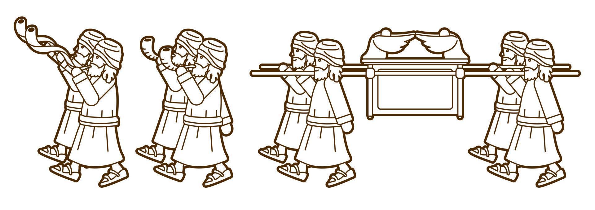 Outline Group of Levi Carrying Ark of the Covenant and  Blowing the Shofar Cartoon Graphic Vector