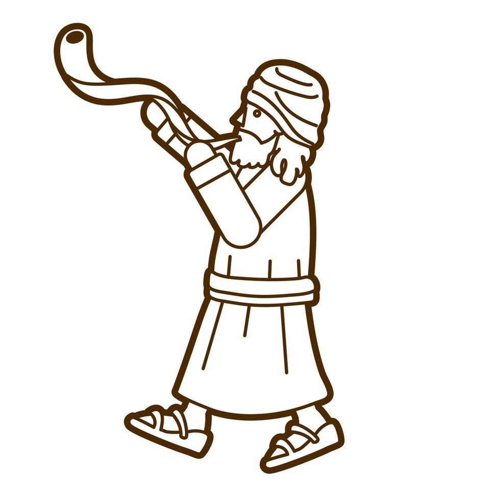 Outline Jewish Blowing the Shofar Kudu Horn Cartoon Graphic Vector