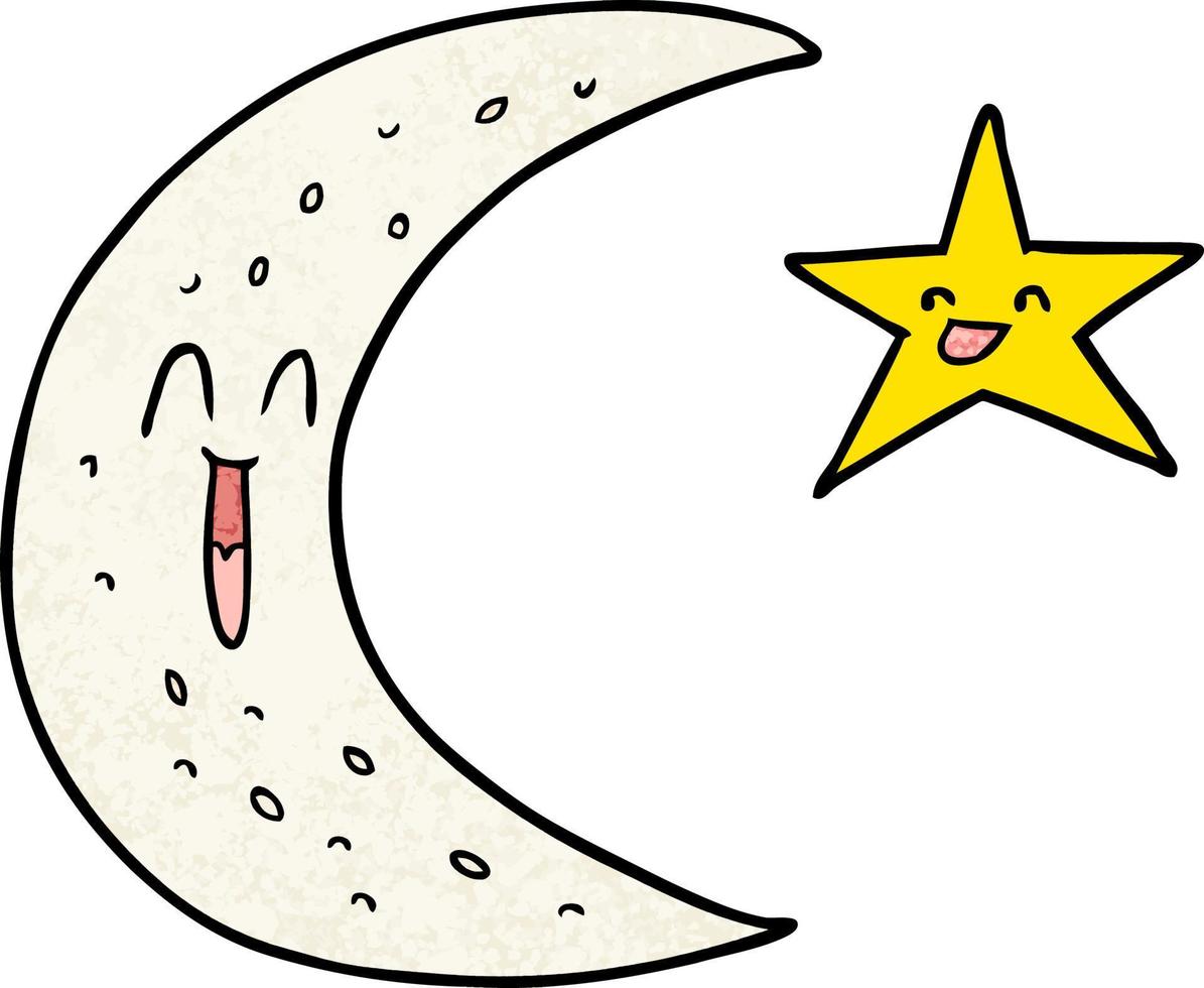 Retro grunge texture cartoon happy moon and star vector