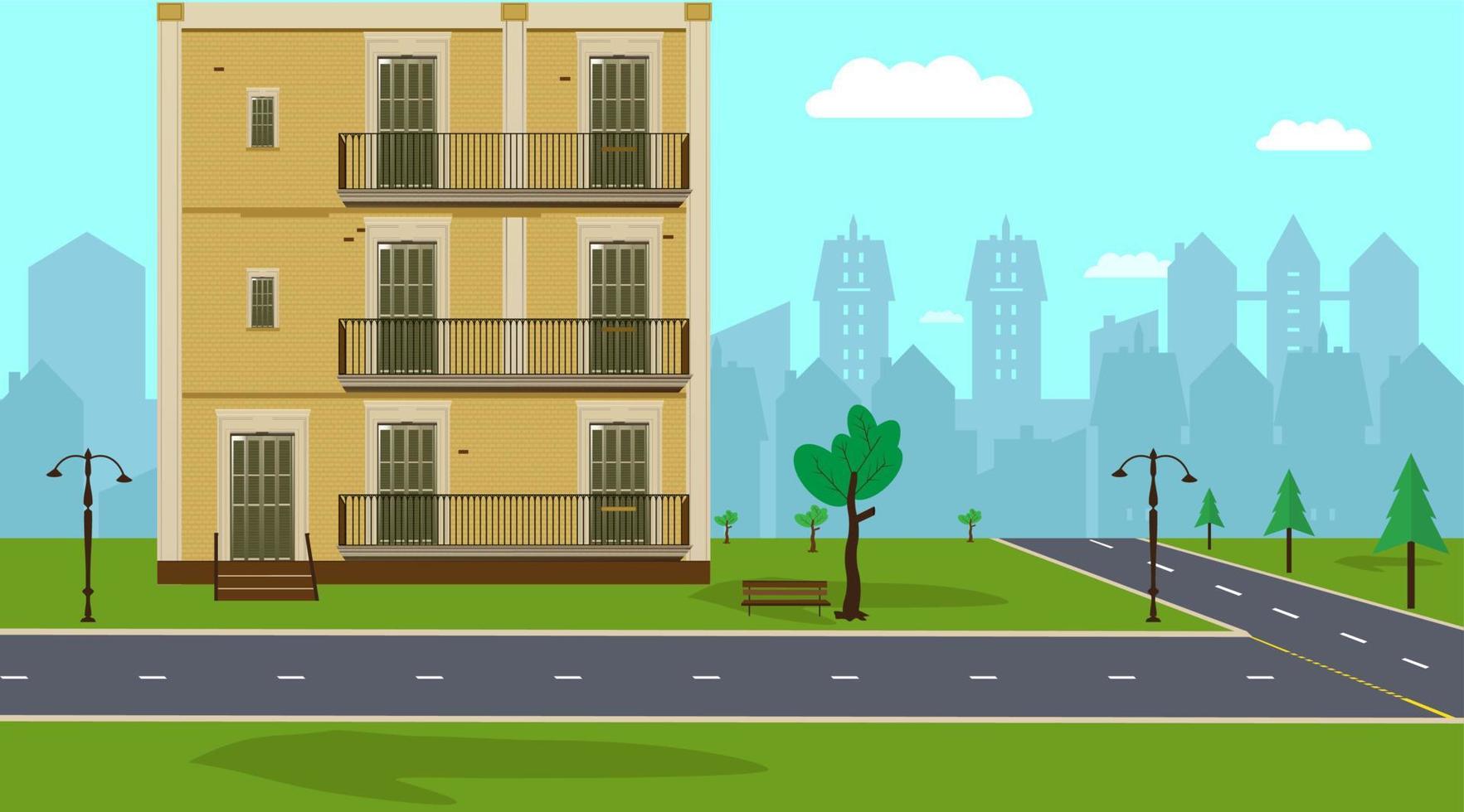 ilustración de la ciudad, ilustración del edificio con árbol verde vector