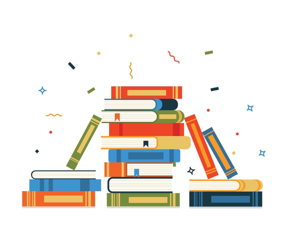 Book stack. Huge pile of books and encyclopedias, education and success concept, university library, academic and school knowledge flat cartoon isolated on green illustration vector