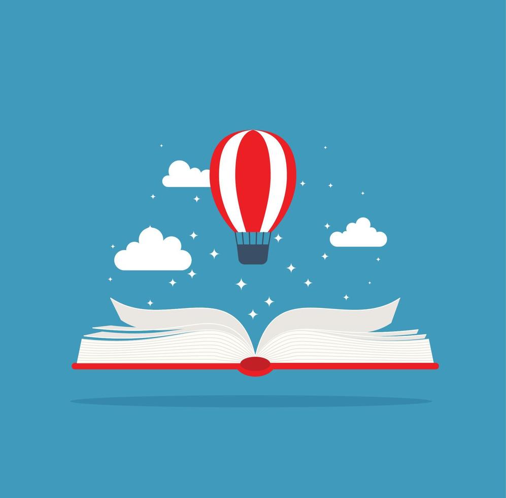 Stack of books with air balloon. Fantasy, fairy tale. Imagination and inspiration picture.Vector flat illustration. vector