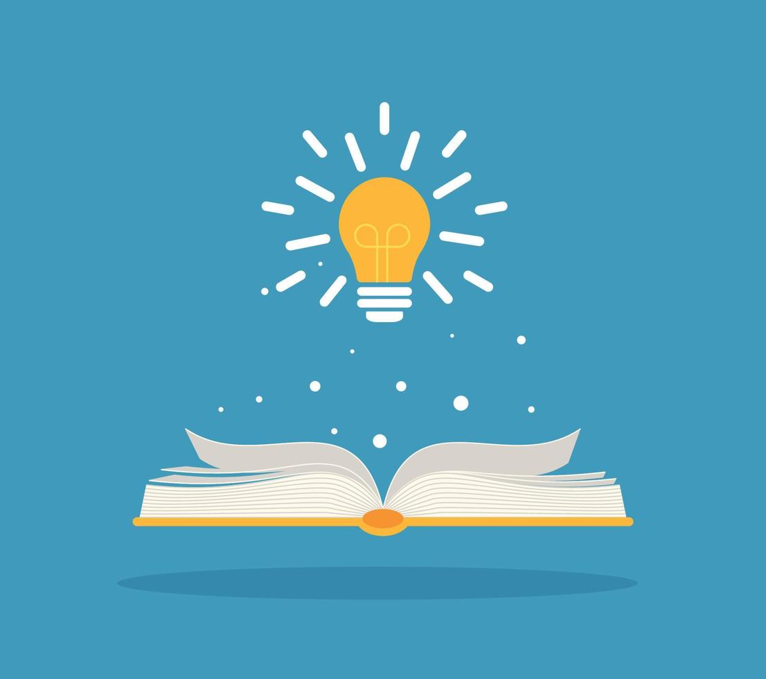 Bright creative idea light bulb over open book, Think idea concept, Flat style vector illustration