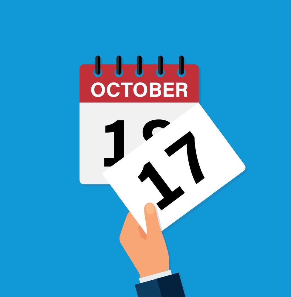 tear off a leaf october 17 on a wall calendar. the coming of a new day. flat vector illustration.
