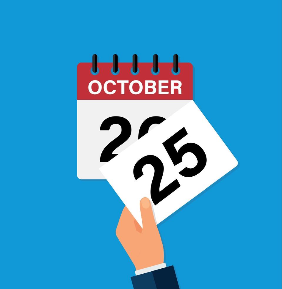 arrancar una hoja el 25 de octubre en un calendario de pared. la llegada de un nuevo día. ilustración vectorial plana. vector