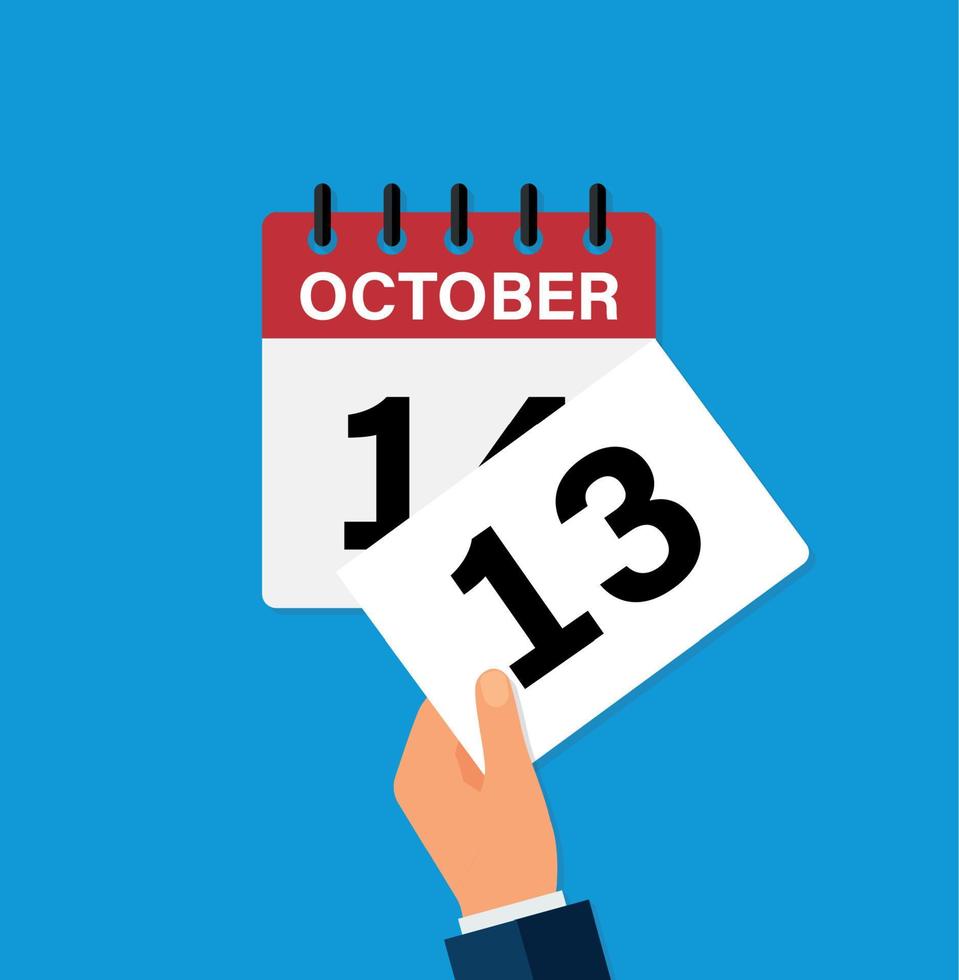 tear off a leaf october 13 on a wall calendar. the coming of a new day. flat vector illustration.
