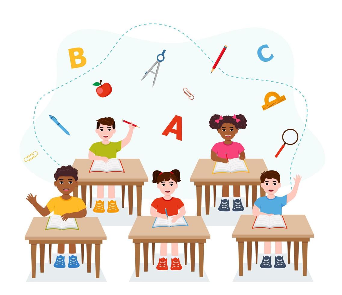 Primary school pupils sit at desk. Elementary education, children writing in copybook, raising hand to answer. Kids getting knowledge on lesson in class. Learning process vector illustration