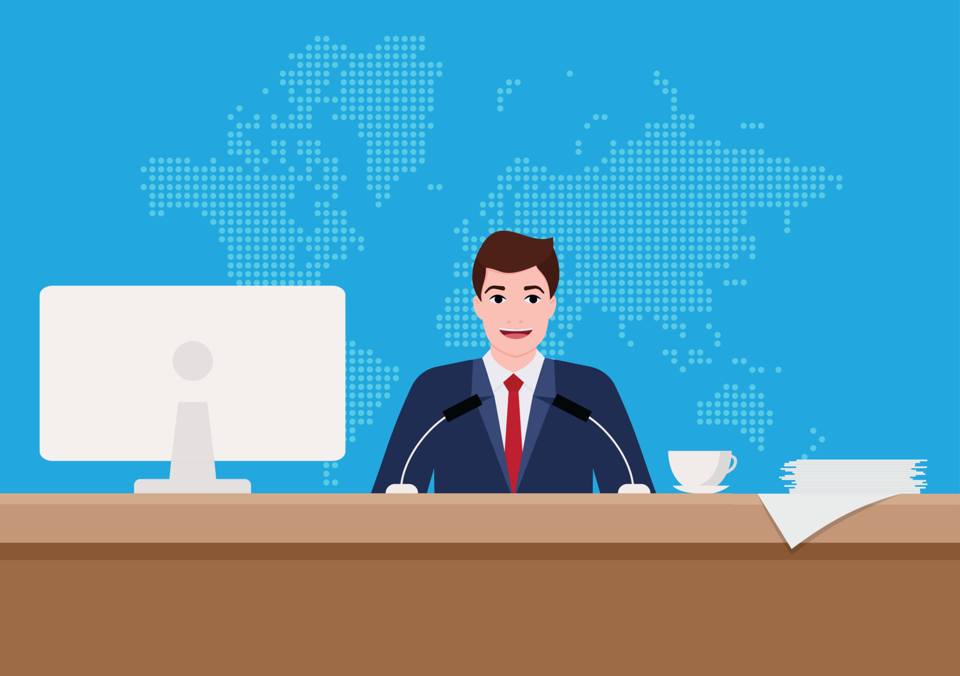 Press conference. Man standing at rostrum with microphones in auditorium  with people, world map on background. Flat design graphics for web banners,  websites, printed materials. Vector illustration 13970918 Vector Art at  Vecteezy