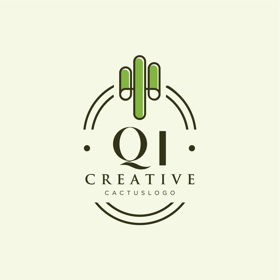 vector de logotipo de cactus verde de letra inicial qi