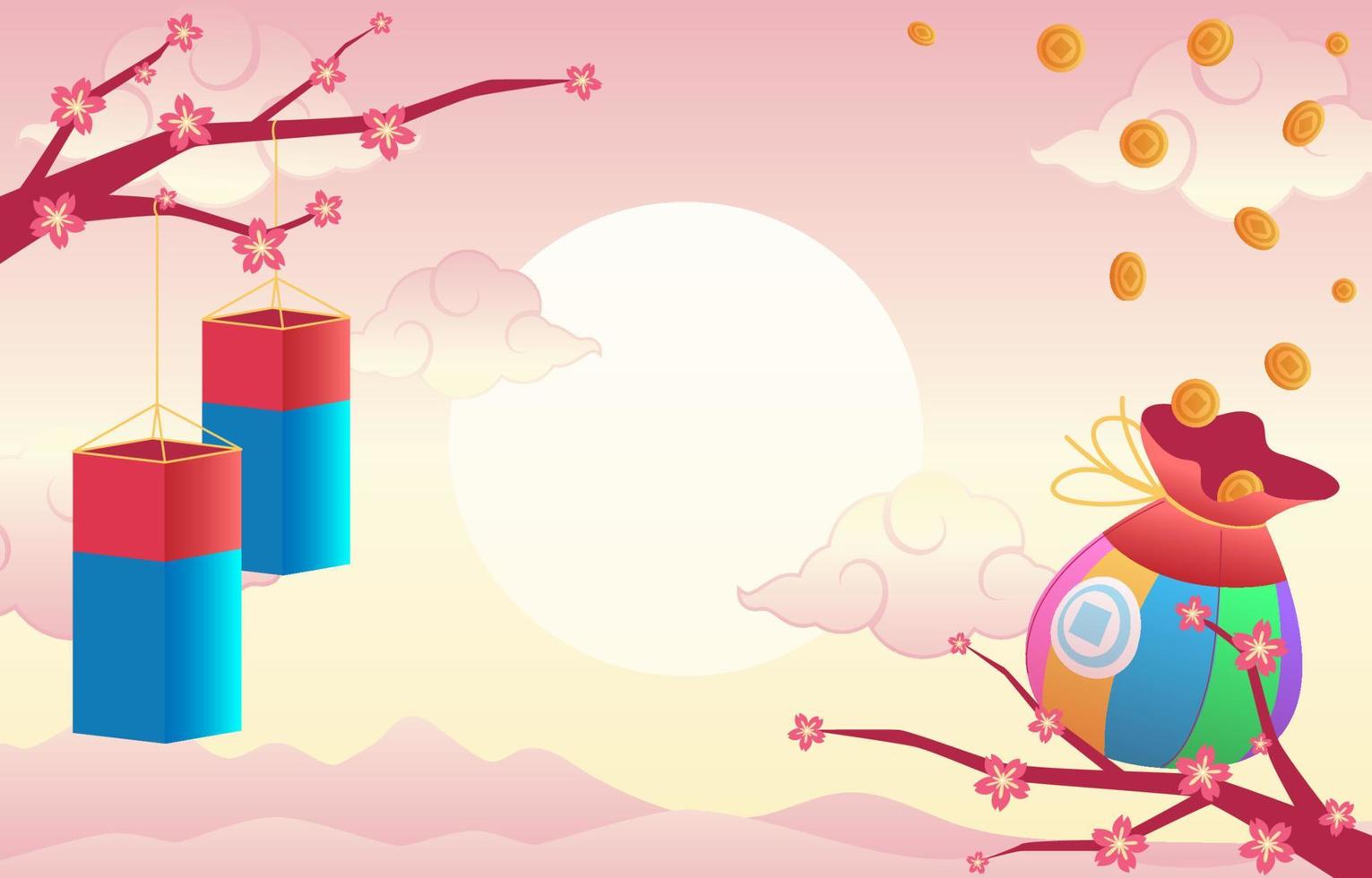 Seollal Festivity Background with Colorful Lucky Bag and Lantern vector
