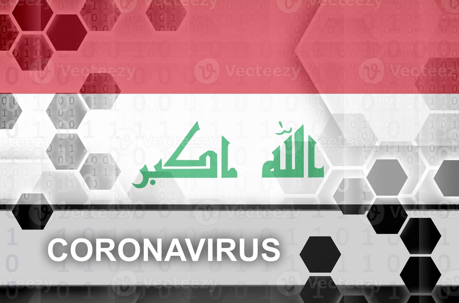 Iraq flag and futuristic digital abstract composition with Coronavirus inscription. Covid-19 outbreak concept photo
