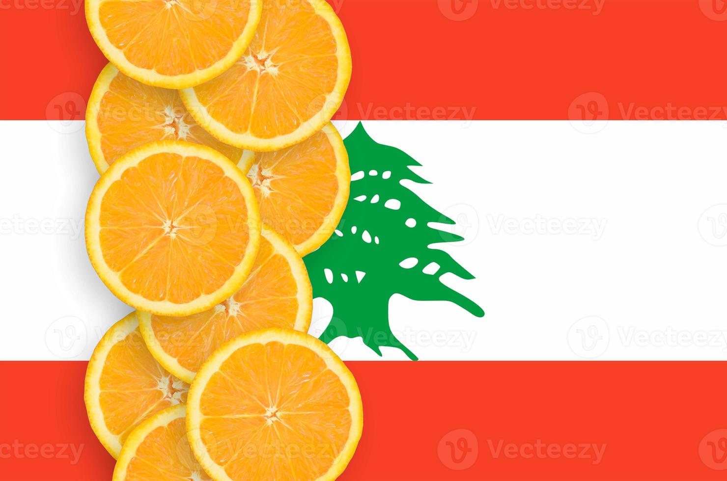 Lebanon flag and citrus fruit slices vertical row photo